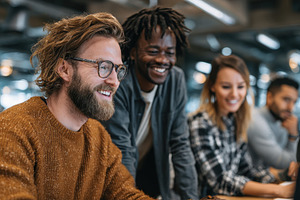 Happy diverse team collaborating on, a Photo by Pixeness Studio