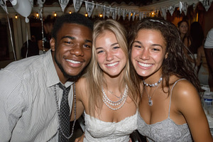 Three smiling young friends at a senior party celebration wearing dressy outfit, a Photo by AS photostudio