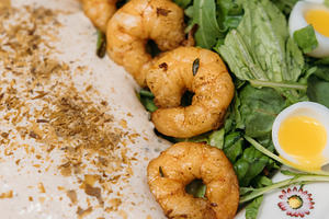 Cafeteria lunch roasted shrimp leaves egg sauce, a Food & Drink Photo by Photo Drive Studio