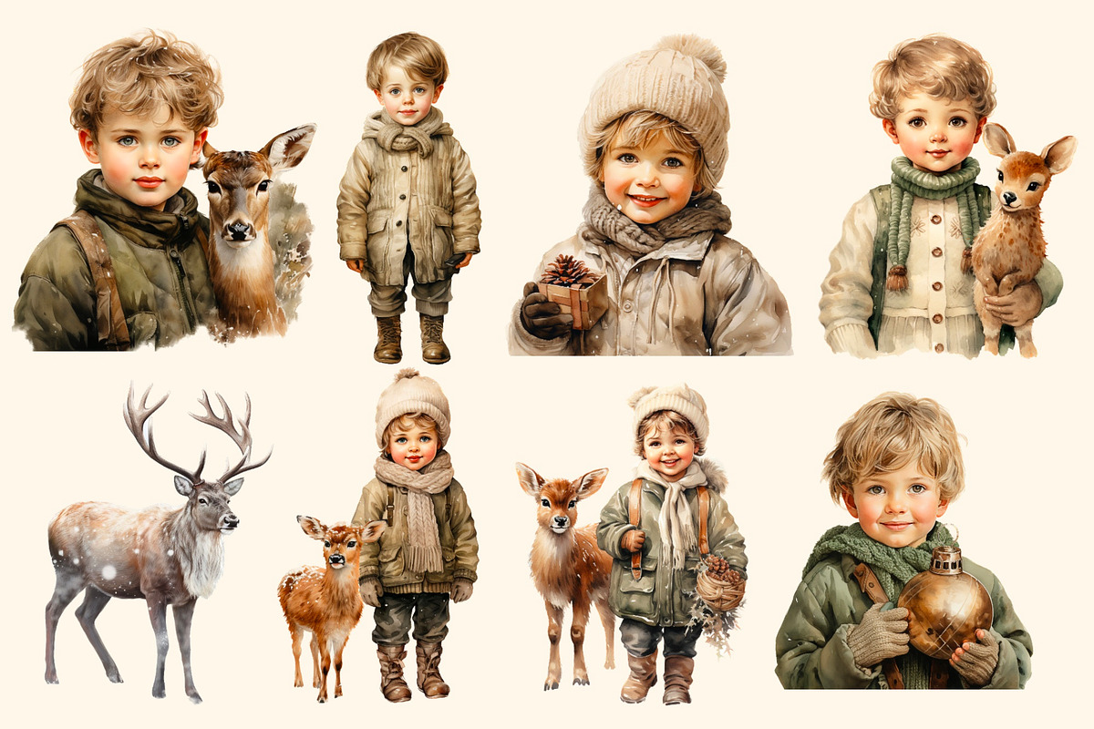 Boy with deer, Christmas watercolour, a Person Illustration by Hello My Print (Photo 4 of 9)