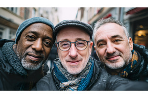 Three older men in outdoor urban, an Architecture Photo by Lermont51
