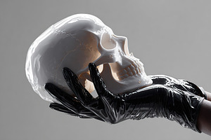 Holding a translucent skull model in black gloves on a gray background for educ, a Photo by AlyaAnd