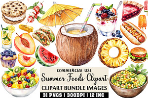 Watercolor Summer Foods Clipart, an Illustration by Craft Nest