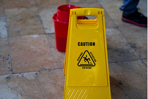 Bright yellow wet floor warning sign, an Industrial Photo by volodymyrshtun13795