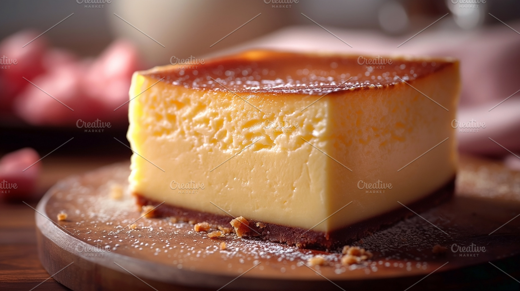 A slice of creamy caramel flan on a wooden board, showcasing its, a Food & Drink Photo by ImageMir