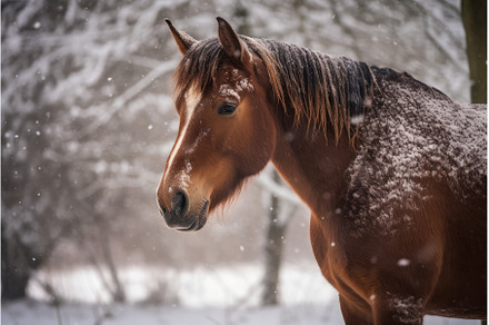Cute horse in winter snow. Generate, an Animal Photo by Ylivdesign