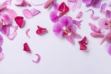Beautiful orchid petals on a colorful background. Spring concept. Generative AI, a Photo by José Manuel Gelpi