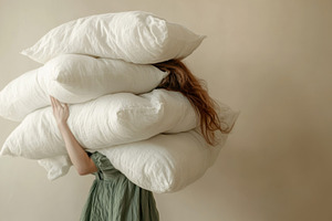 Woman Carrying a Stack of Pillows in Minimalist Setting, an Abstract Photo by Natalia Klenova's Shop