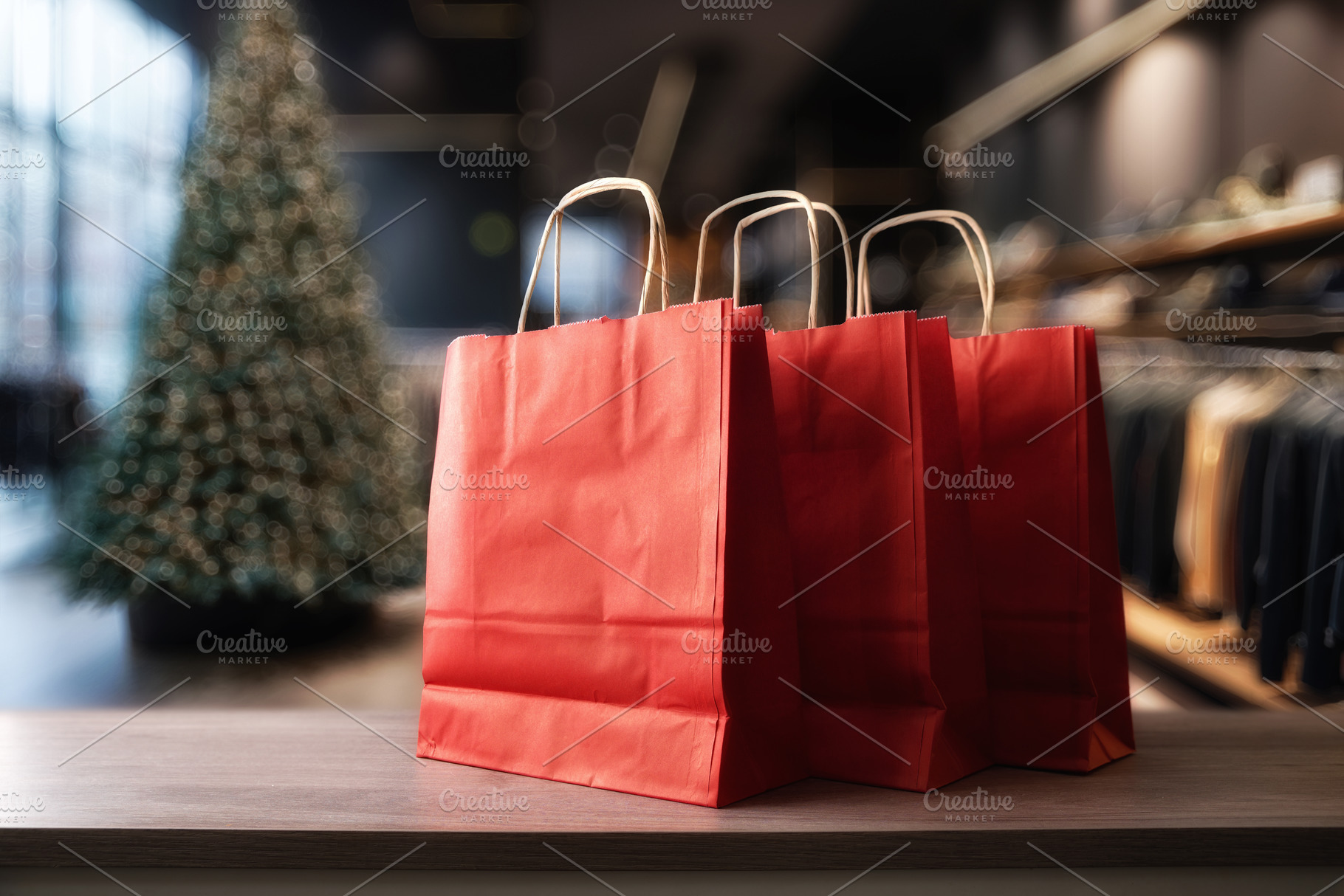Shopping in stores with red shopping bags in clothing store, a Holiday Photo by Davizro's Market