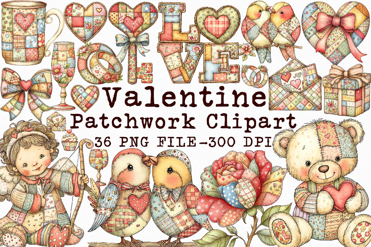 Patchwork Valentine's Day Clipart, an Illustration by Libby Wishes (Photo 1 of 7)