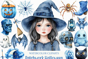Watercolor Blue Patchwork Halloween, an Illustration by Craft Nest