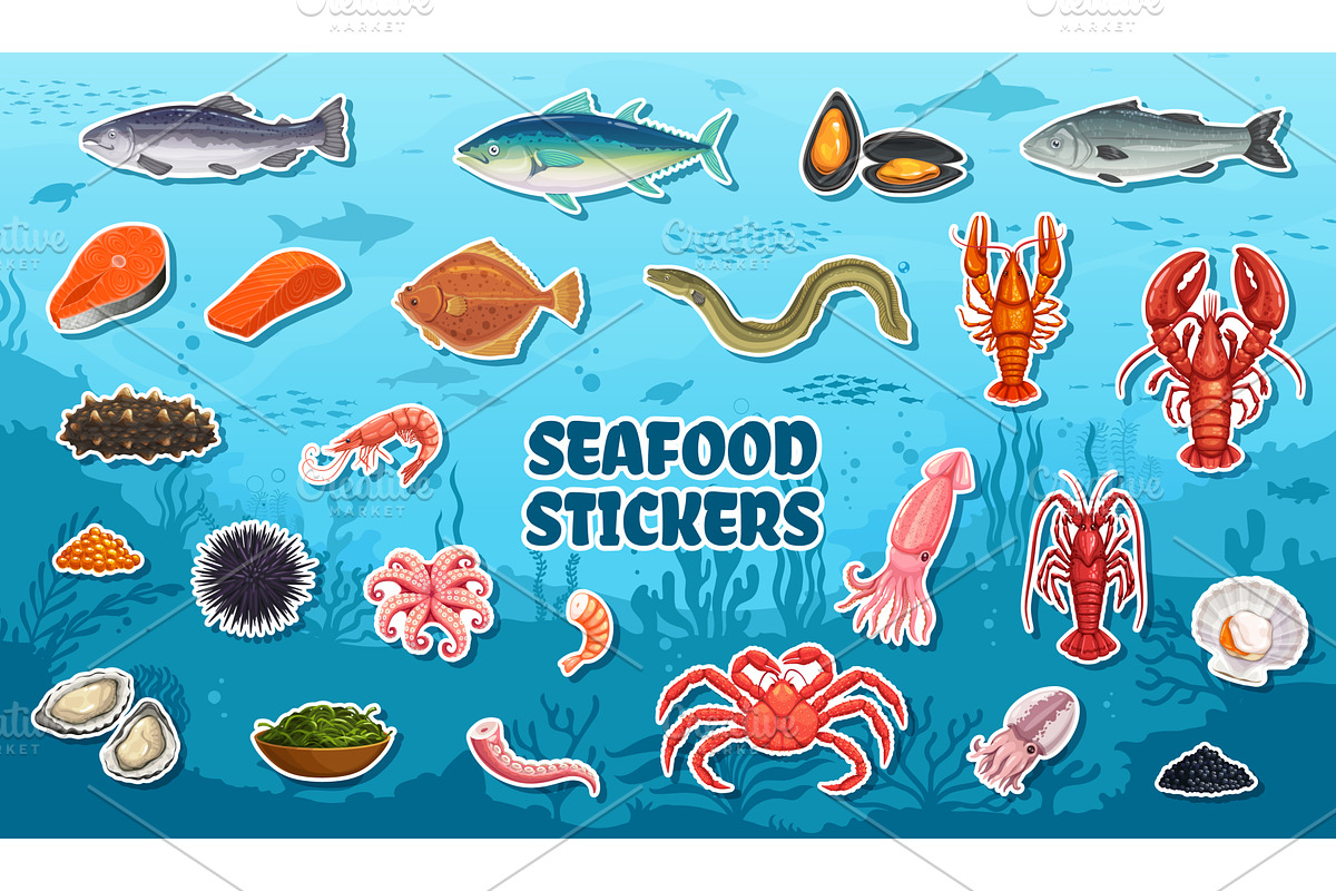 Cartoon seafood and fish, an Animal Illustration by Vector Tradition