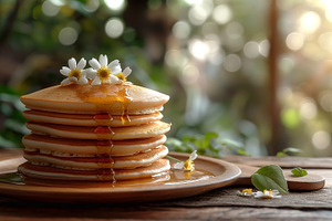 Delicious stack of golden pancakes topped with honey and flowers, a Food & Drink Photo by ImageMir