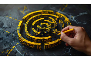 Hand drawing yellow maze on dark, a Business Photo by Igor Tichonow