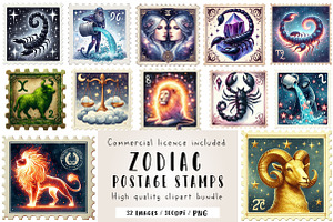 Zodiac Postage Stamps Clipart, an Illustration by CreationArt