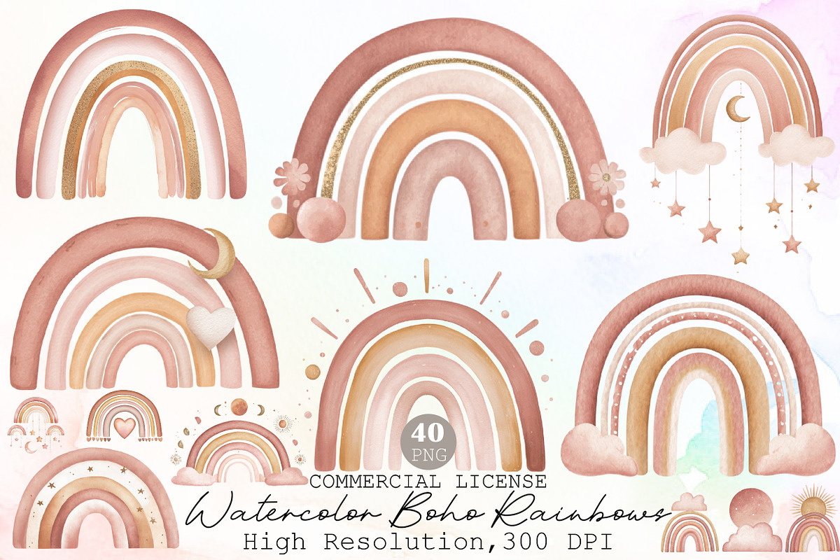 Watercolor Boho Rainbows Clipart, an Illustration by Sublimation Artist (Photo 1 of 6)