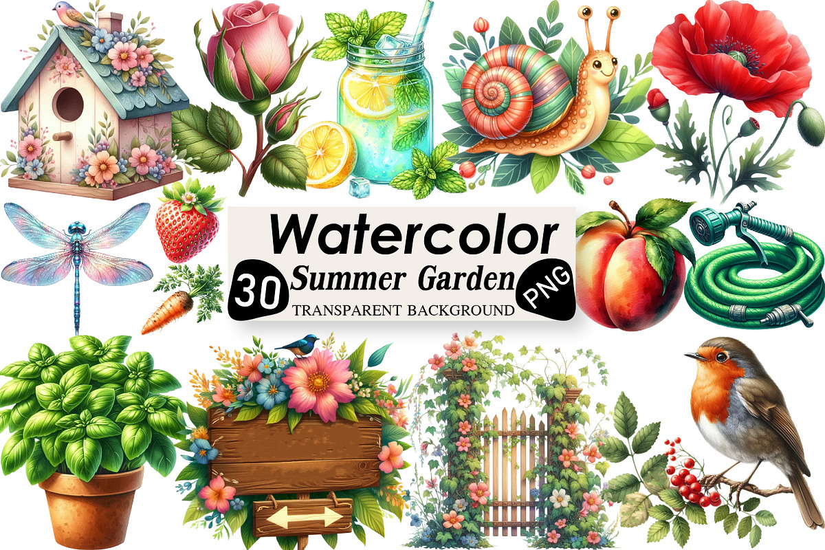 Summer Garden Watercolor Clipart, an Illustration by Black Bird Studio (Photo 1 of 6)