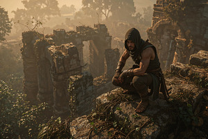 Crouching hooded adventurer, an Illustration by wavebreak