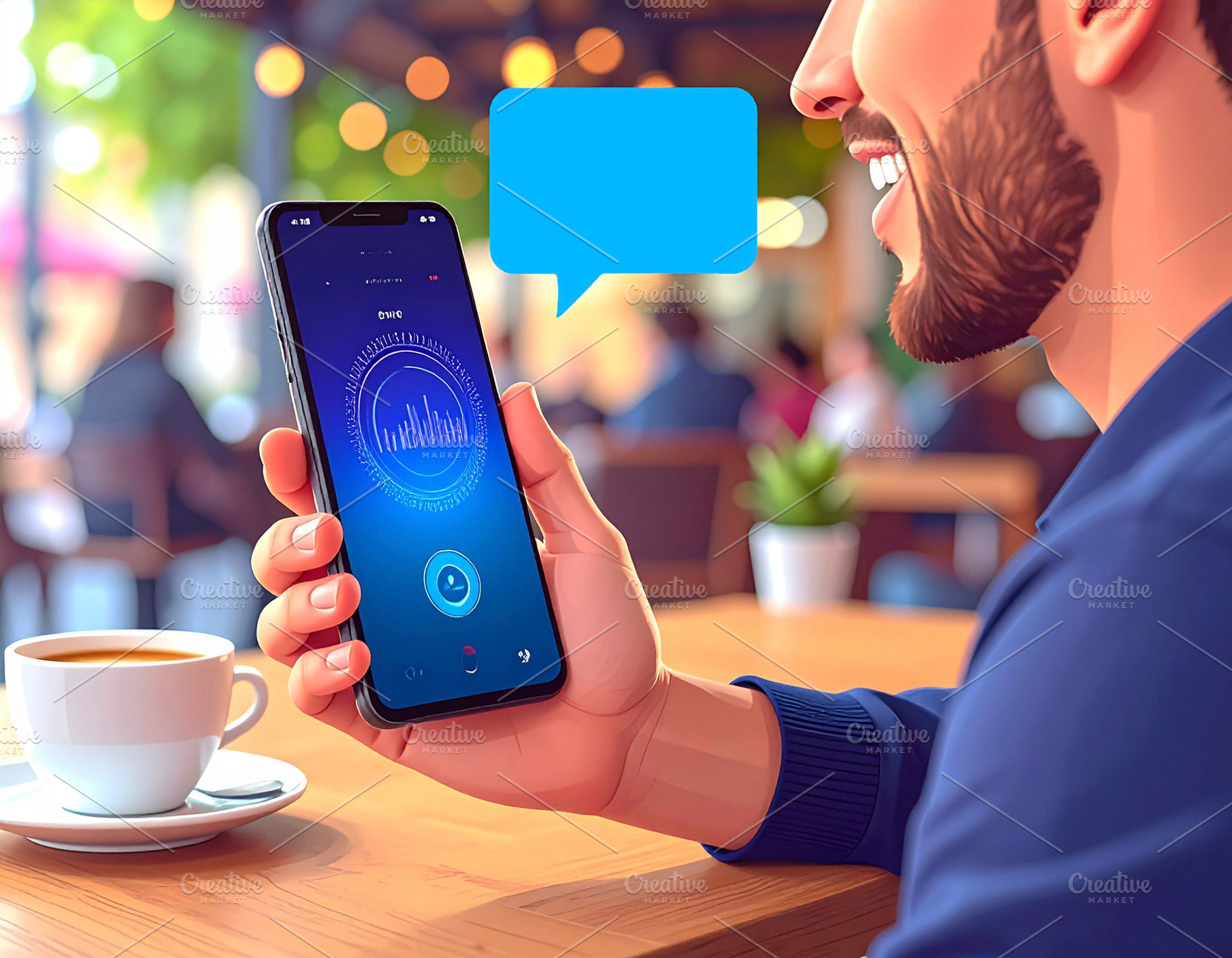 Person engages with an AI assistant on their smartphone at coffe, a Technology Photo by DanFLCreativo