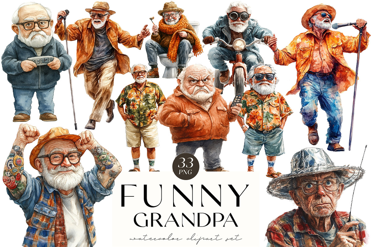 Watercolor Funny Grandpa Clipart, an Illustration by OK Design (Photo 1 of 5)