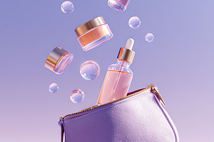 Stylish collection of serum dropper bottles and cream jars floating from a cosm, a Beauty & Fashion Photo by AlyaAnd