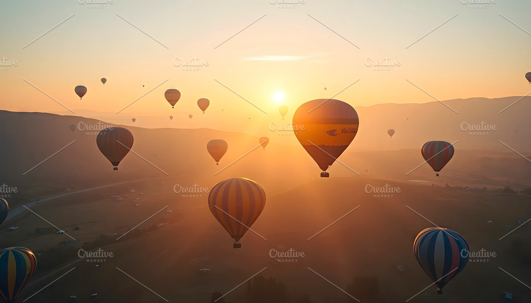 Hot Air Balloons Flying Over  At Sun, a Photo by LOGOCREATIVE