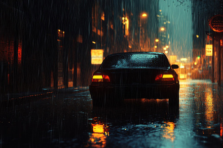 Heavy rain cascades down on a car pa, a Photo by Iftikhar Alam