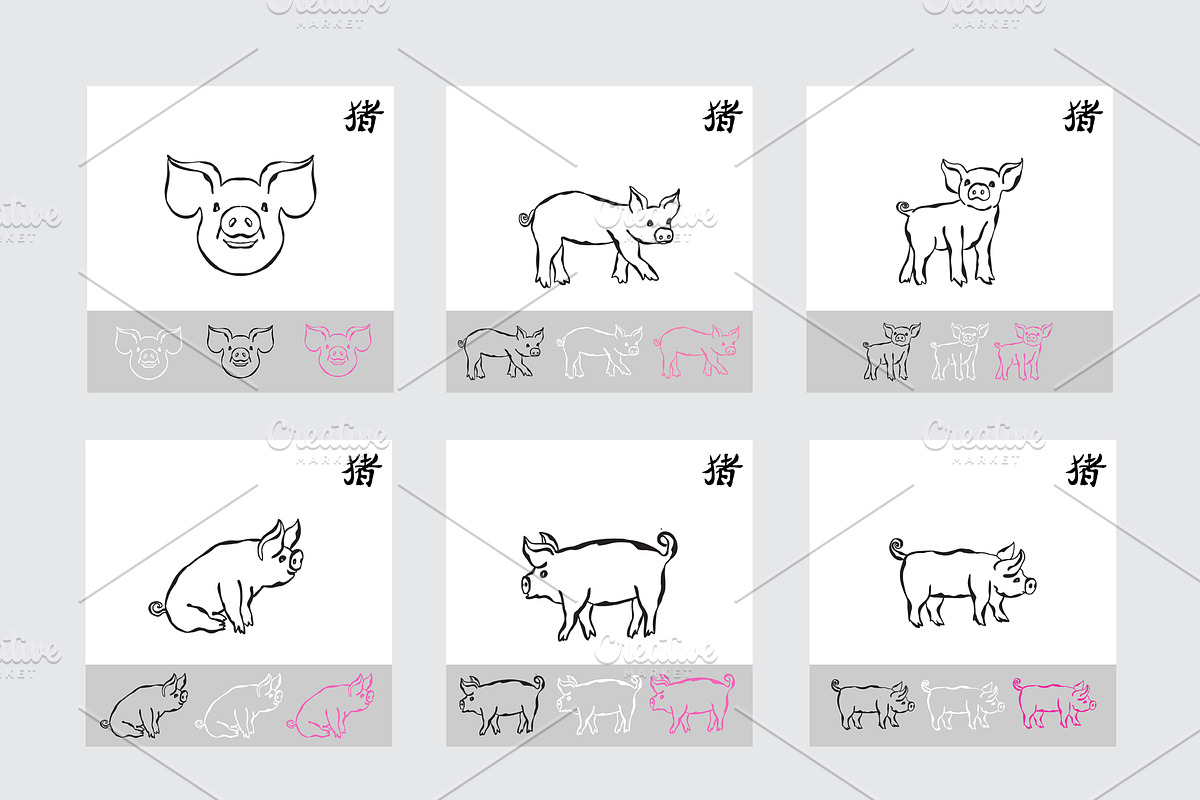 Hand Drawn Pigs and Patterns, an Animal Illustration by Sunset&Sea Design
