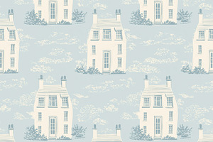 Seamless pattern blue and cream cottage house repeating pattern, a Pattern Graphic by Studio ANNA