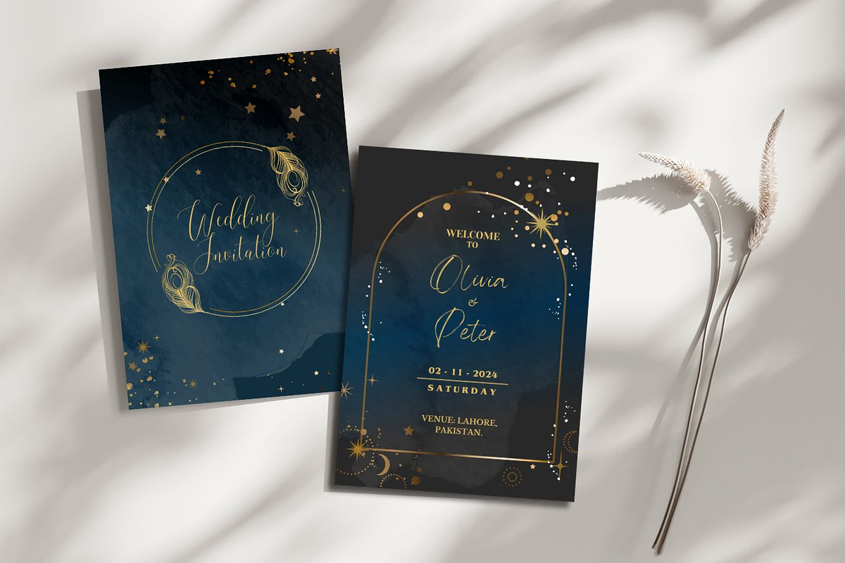 Blue & Golden Themed Wedding Card, an Invitation Template by The Graphic Glow