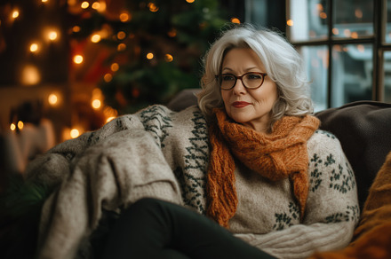 A thoughtful older woman with silver hair sits comfortably on a couch, wearing, a Person Photo by Textures & Backgrounds