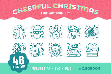 Cheerful Christmas Line Art Icon Set
