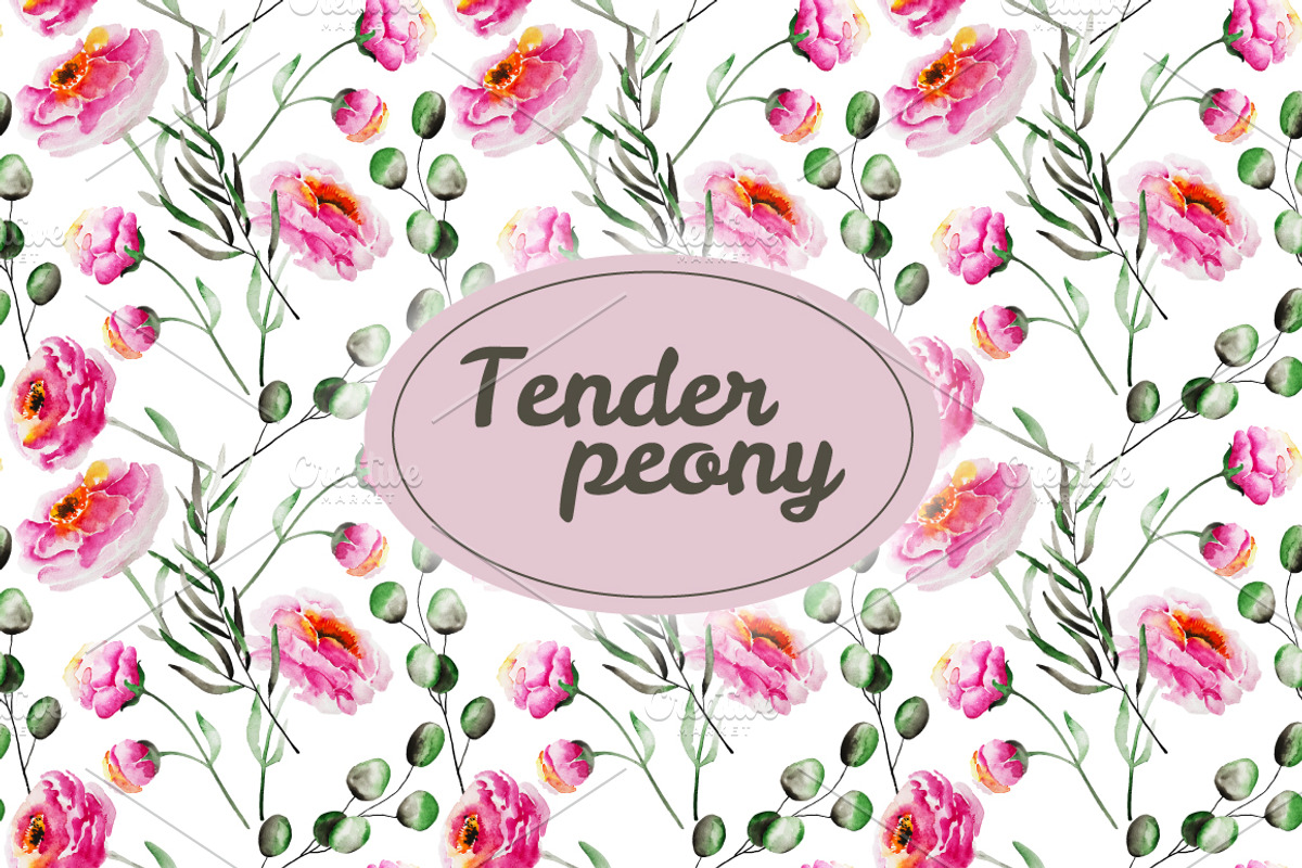 Tender peony patterns and elements, a Decorative Illustration by SuperNata (Photo 1 of 5)