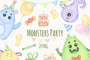 Watercolor Monsters Birthday Clipart, an Illustration by ekossa_art (Thumbnail 1 of 6)