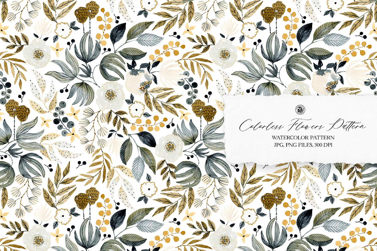 Colorless Flowers Watercolor Pattern, a Pattern Graphic by Webvilla Studio (Photo 1 of 7)
