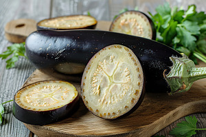Fresh pieces of eggplant on wooden background, a Food & Drink Photo by AlyaAnd