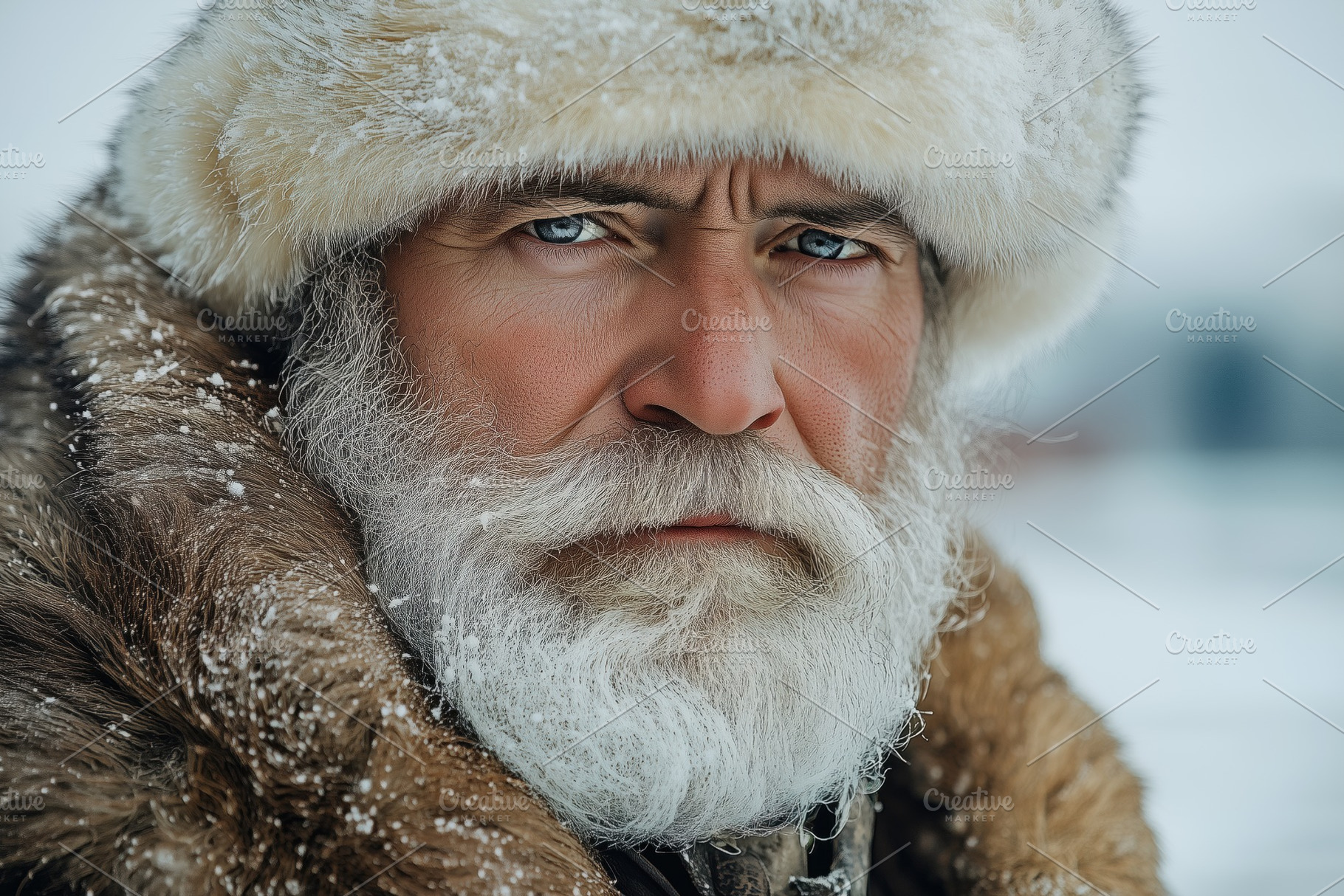 A close-up portrait of an elderly man with a thick white beard and piercing blu, a Person Photo by Textures & Backgrounds
