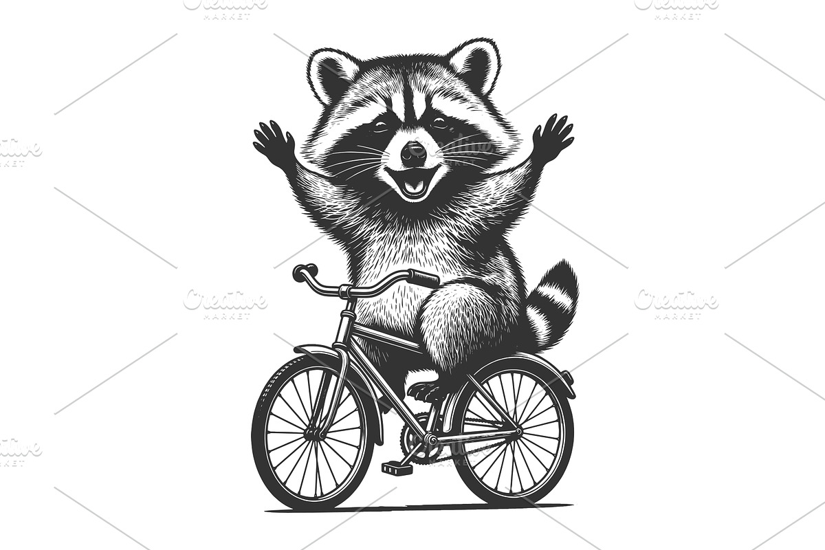 Cute Raccoon Riding Bicycle with, an Animal Illustration by AlexArt