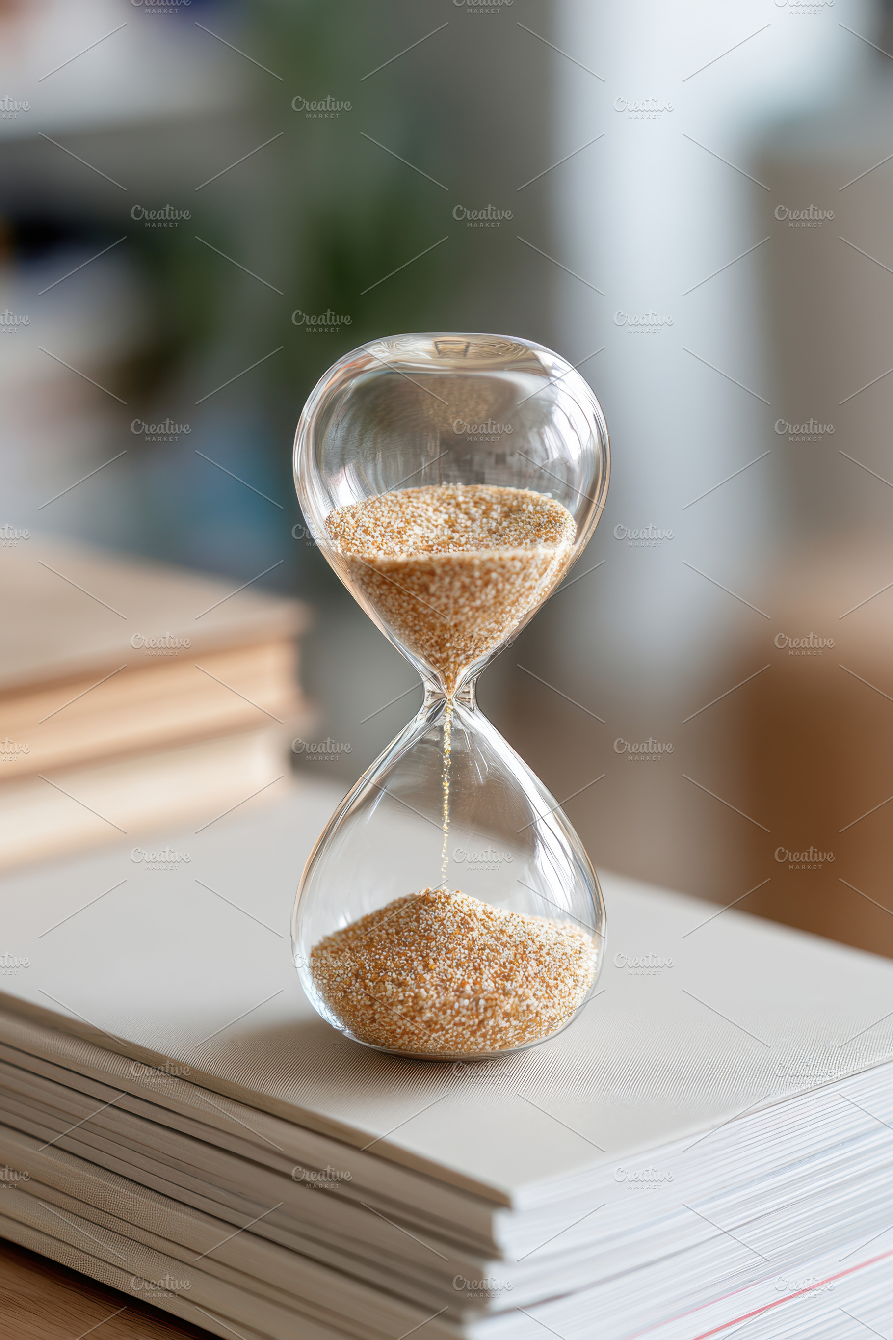 Elegant glass hourglass with golden sand, a Business Photo by AlyaAnd