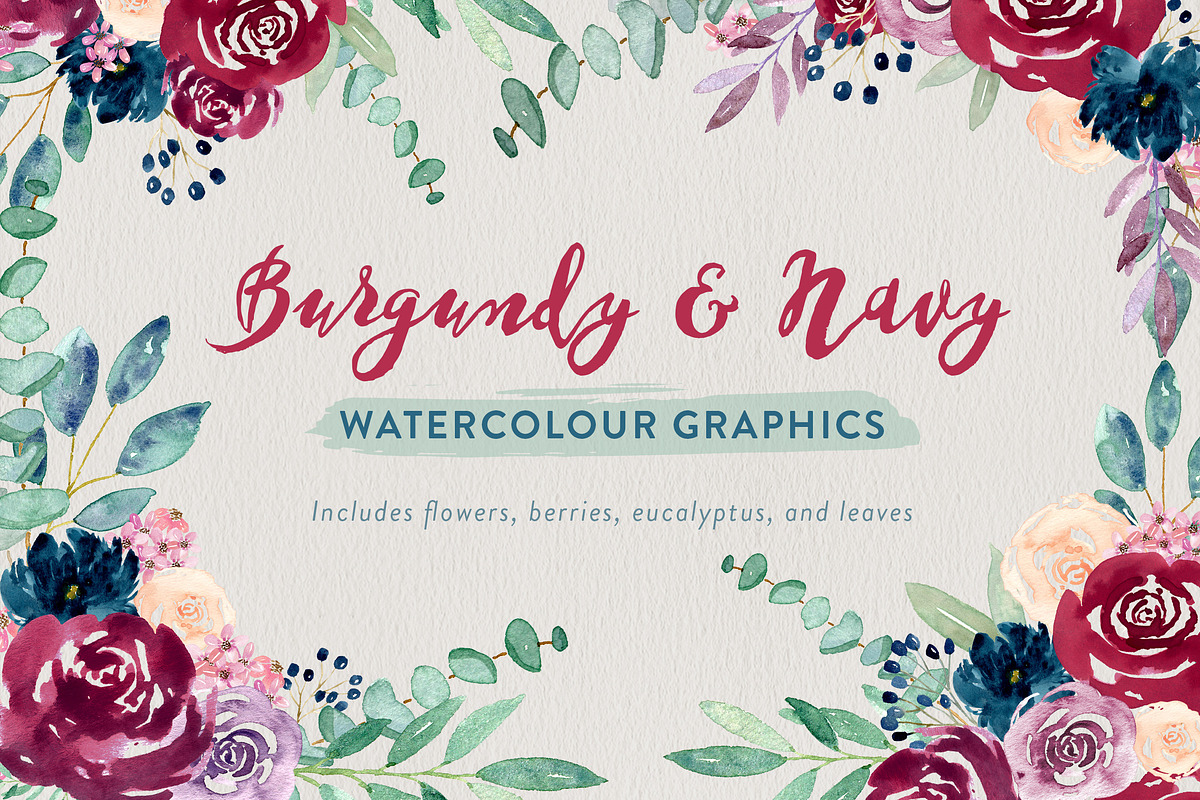 Burgundy + Navy Watercolour Flowers, an Illustration by ClementineCreative (Photo 1 of 9)