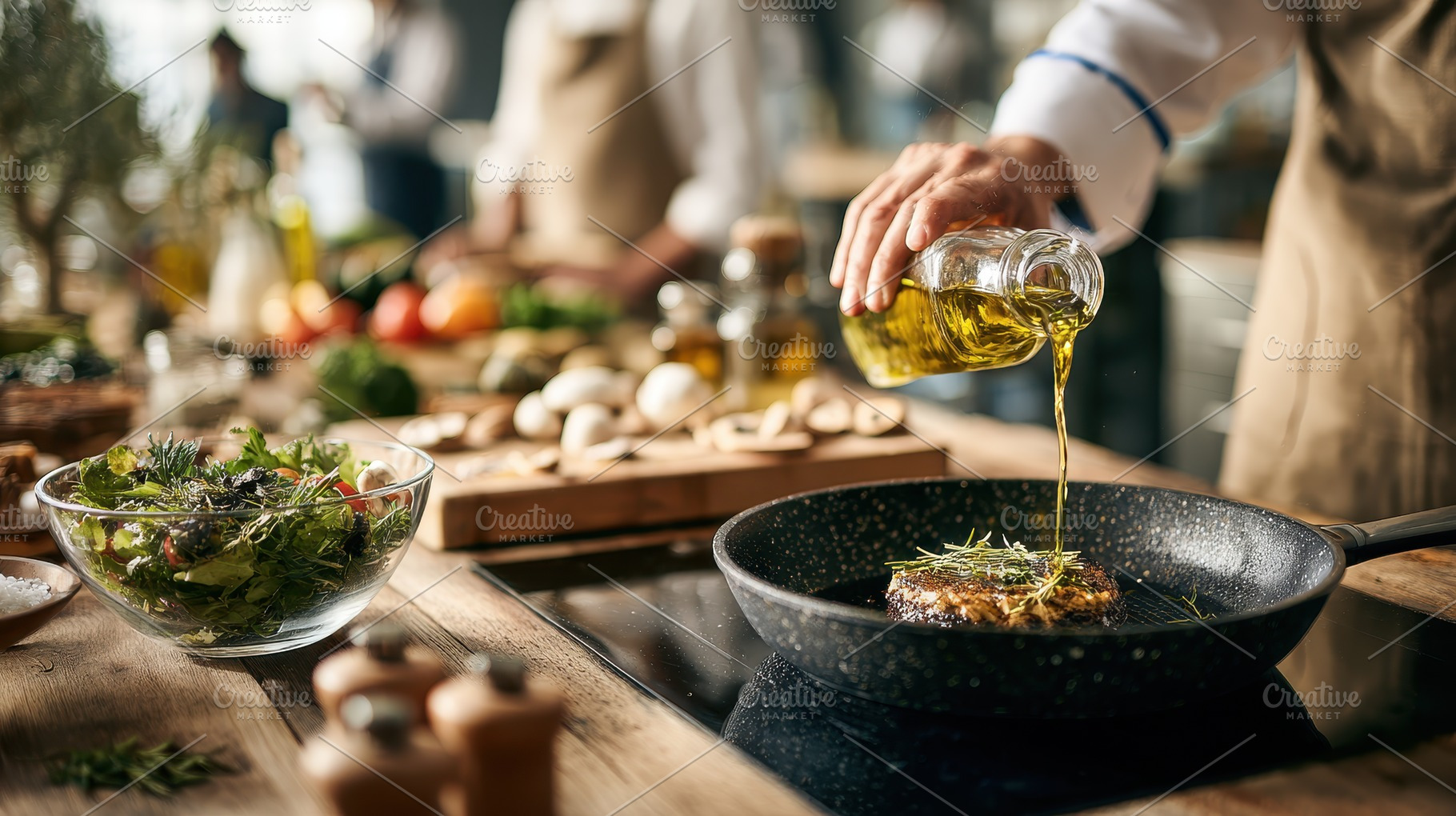 Chef pouring olive oil on steak in p, a Photo by Pixeness Studio