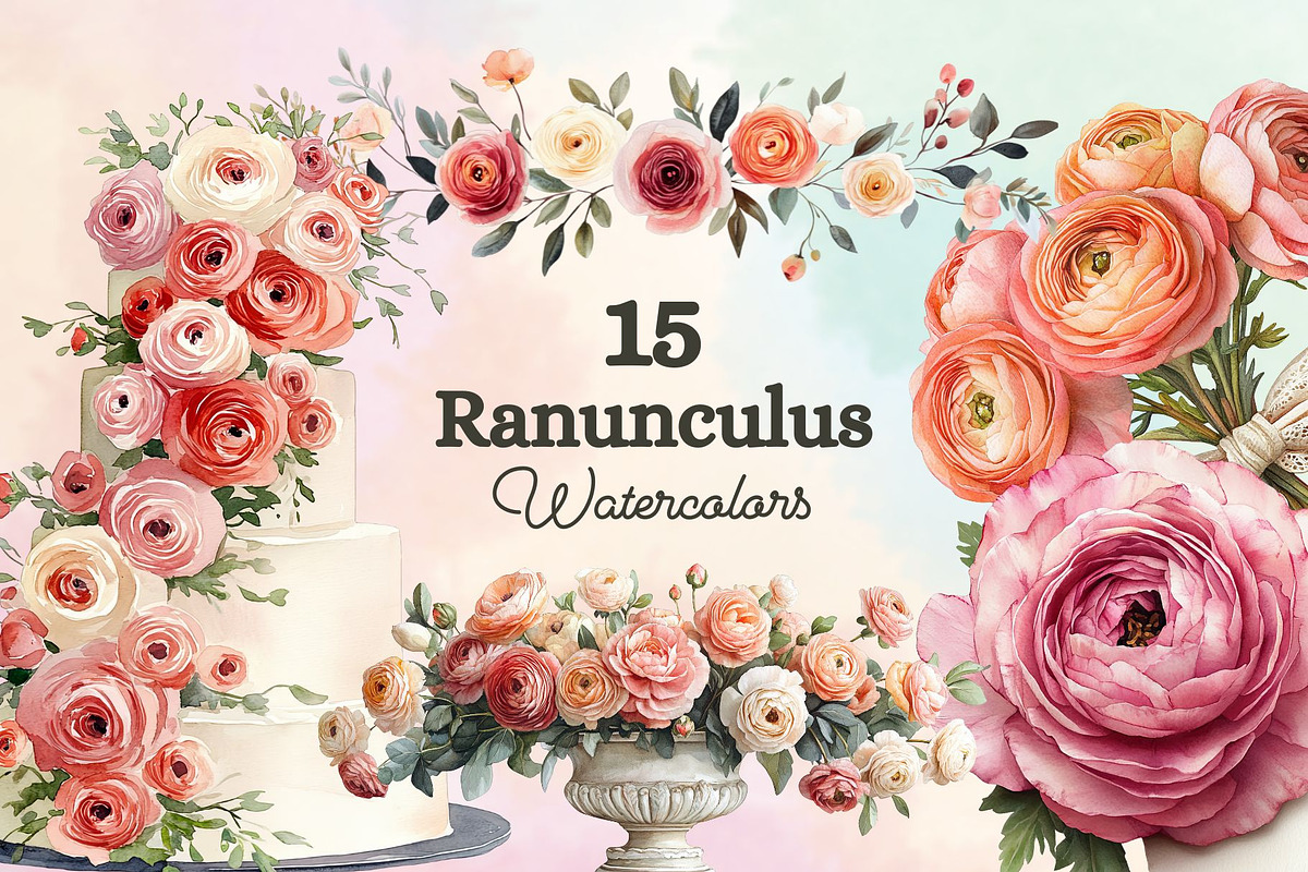 15 Ranunculus Watercolor Cliparts, a Decorative Illustration by Loony Dream Designs (Photo 1 of 5)
