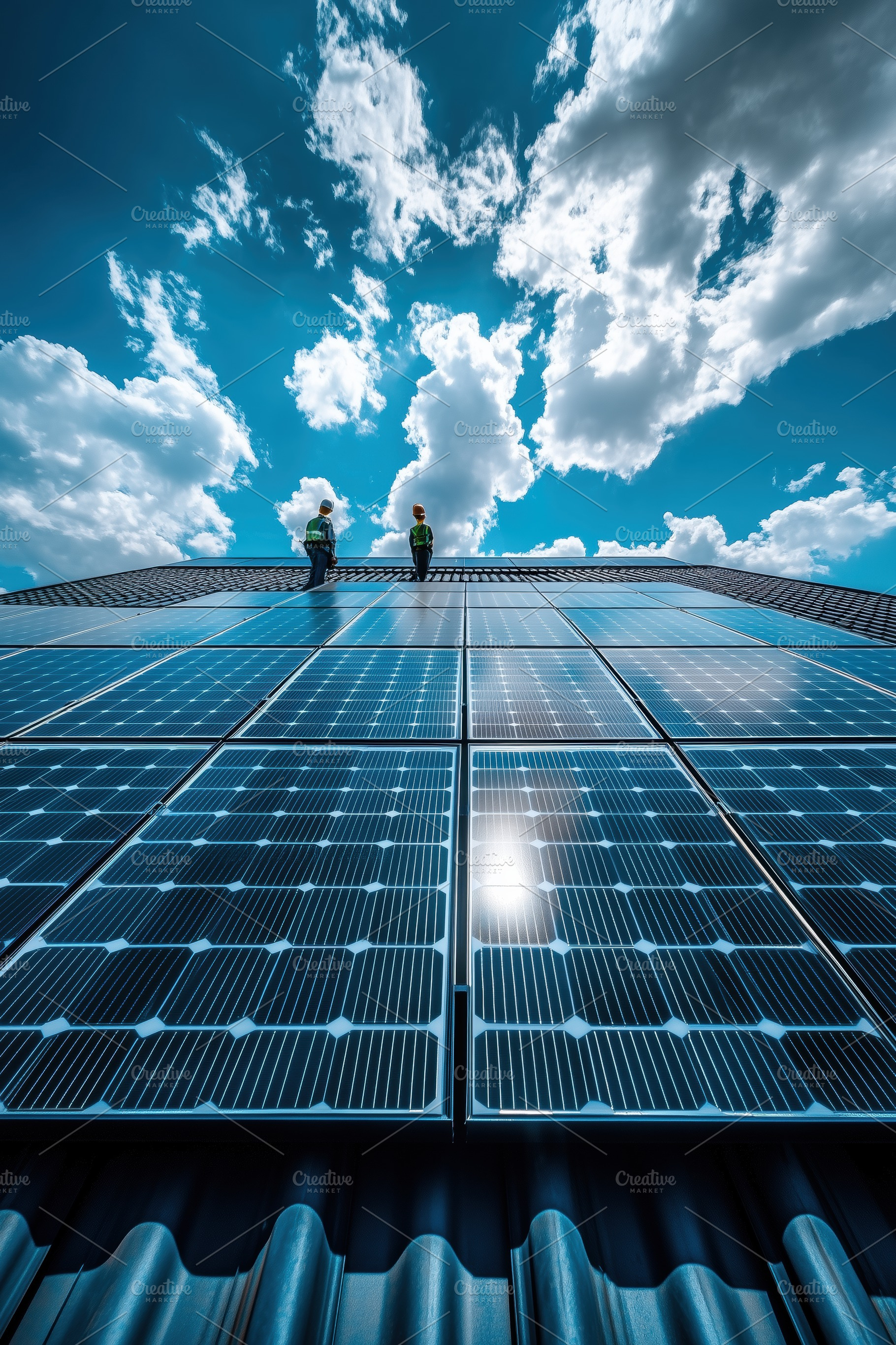 Two workers installing solar panels on a rooftop under a bright blue sky with f, a Technology Photo by Textures & Backgrounds