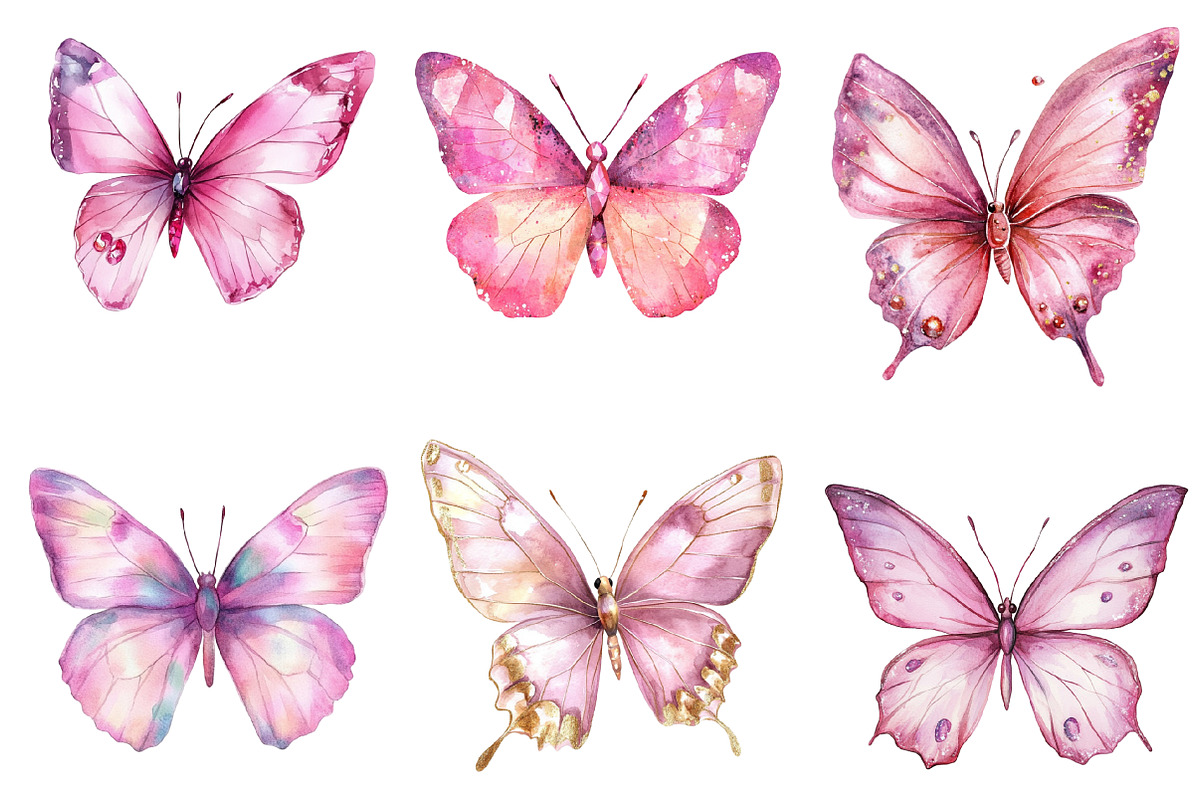 Pink Watercolor Butterflies Clipart, an Illustration by SinaCreation (Photo 3 of 5)
