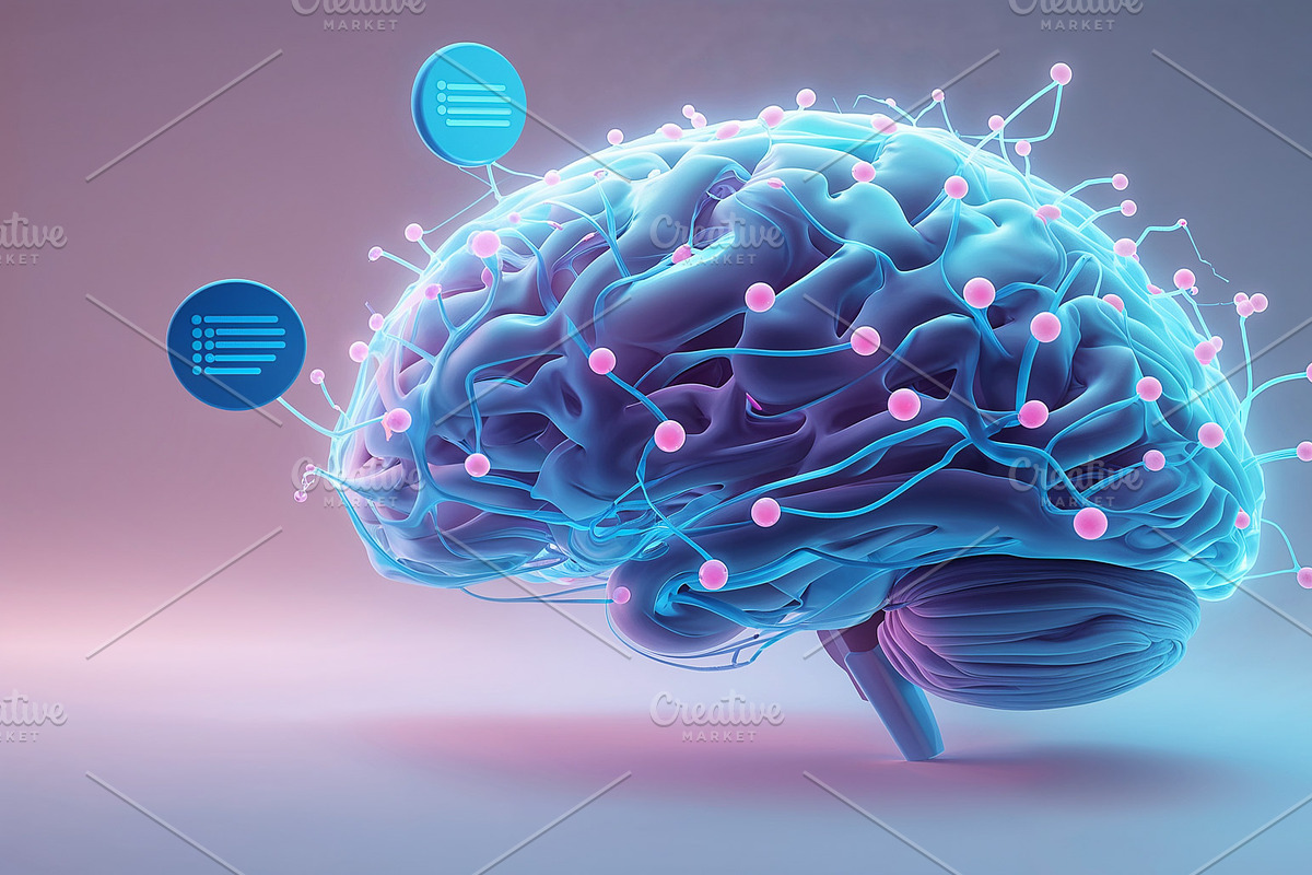Floating neon neural network brain, an Illustration by wavebreak