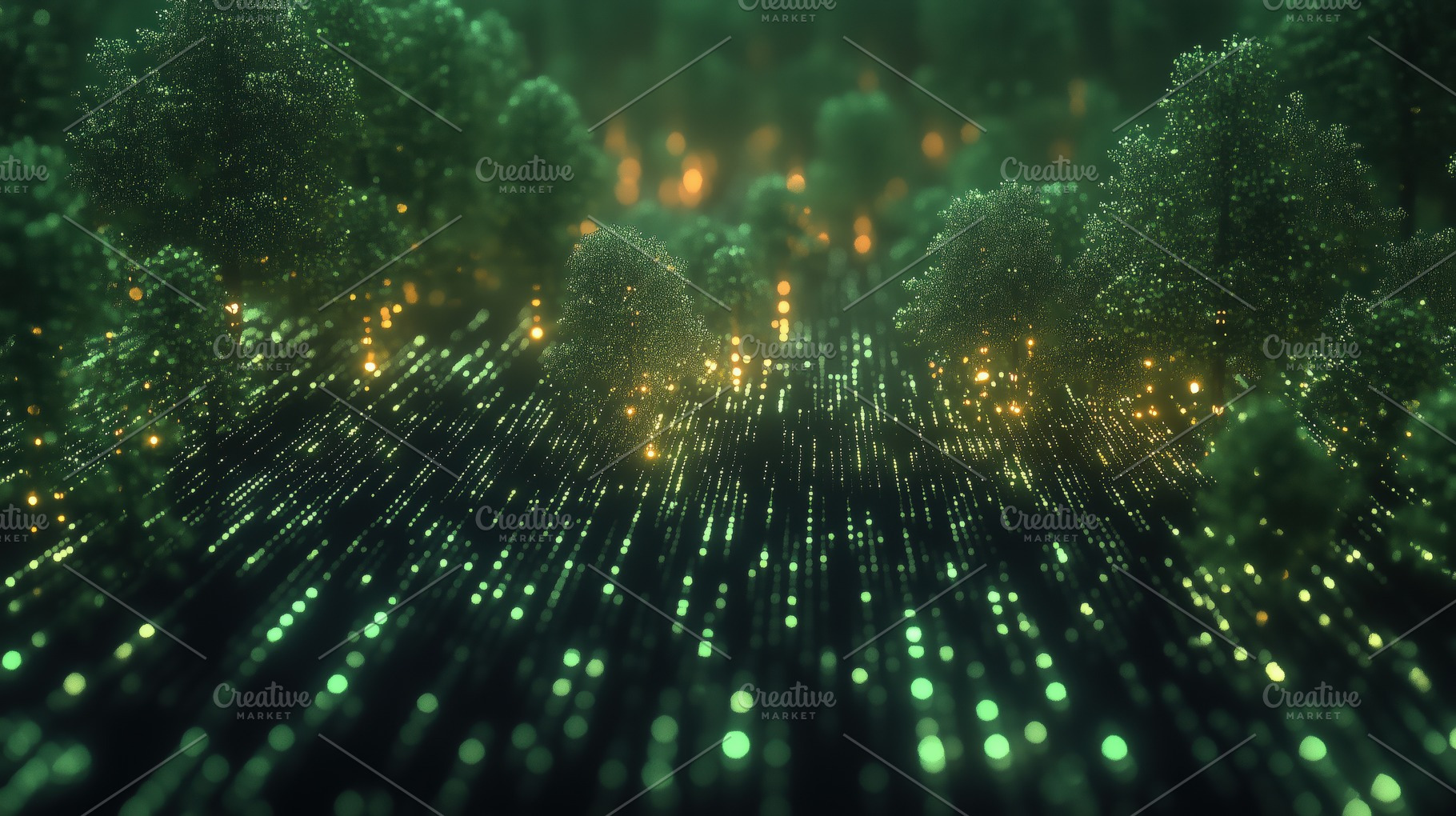 A mesmerizing digital landscape featuring glowing trees amidst a field of shimm, a Photo by Textures & Backgrounds