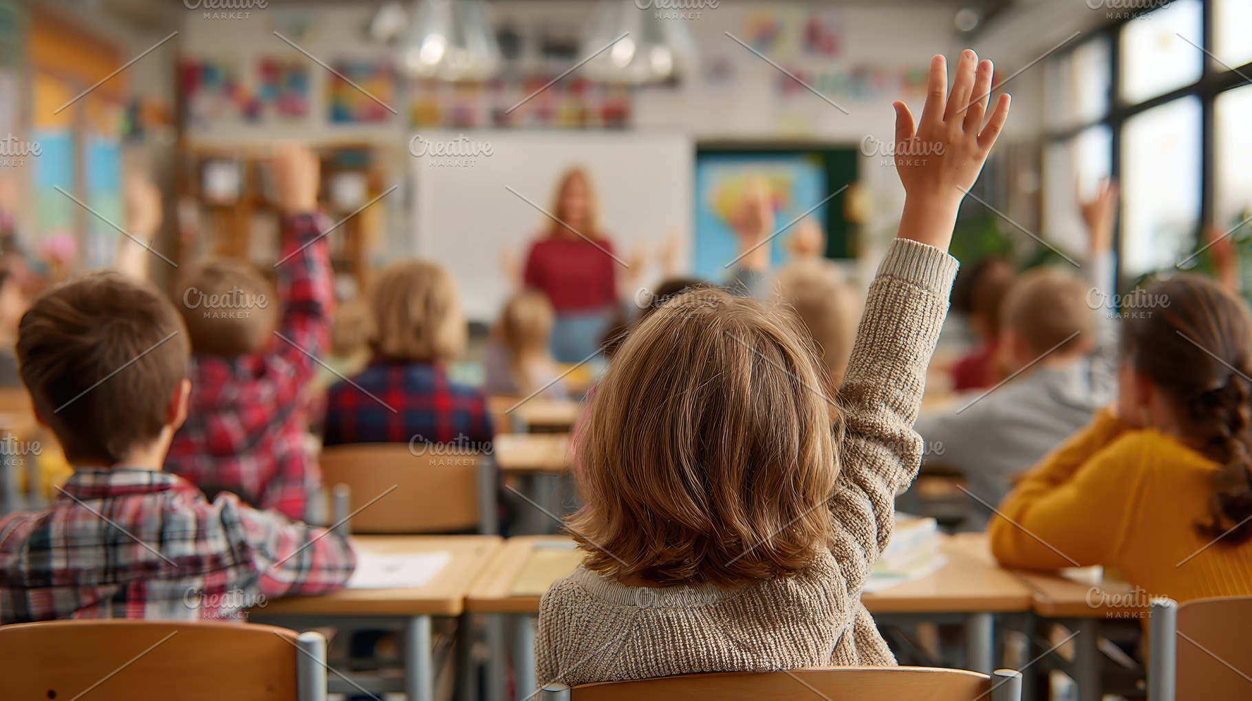Child raising hand in classroom acti, a Photo by Pixeness Studio