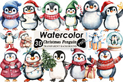 Watercolor Christmas Penguin Clipart, an Illustration by Black Bird Studio (Thumbnail 1 of 6)
