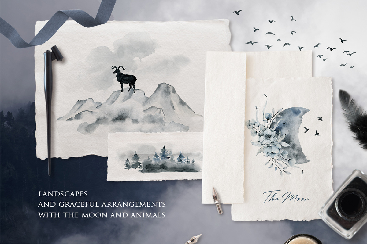 Misty mountains - watercolor clipart, a Decorative Illustration by long summer (Photo 4 of 10)