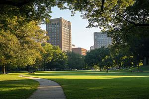 Lush green park with walking path an, a Photo by Tanuart